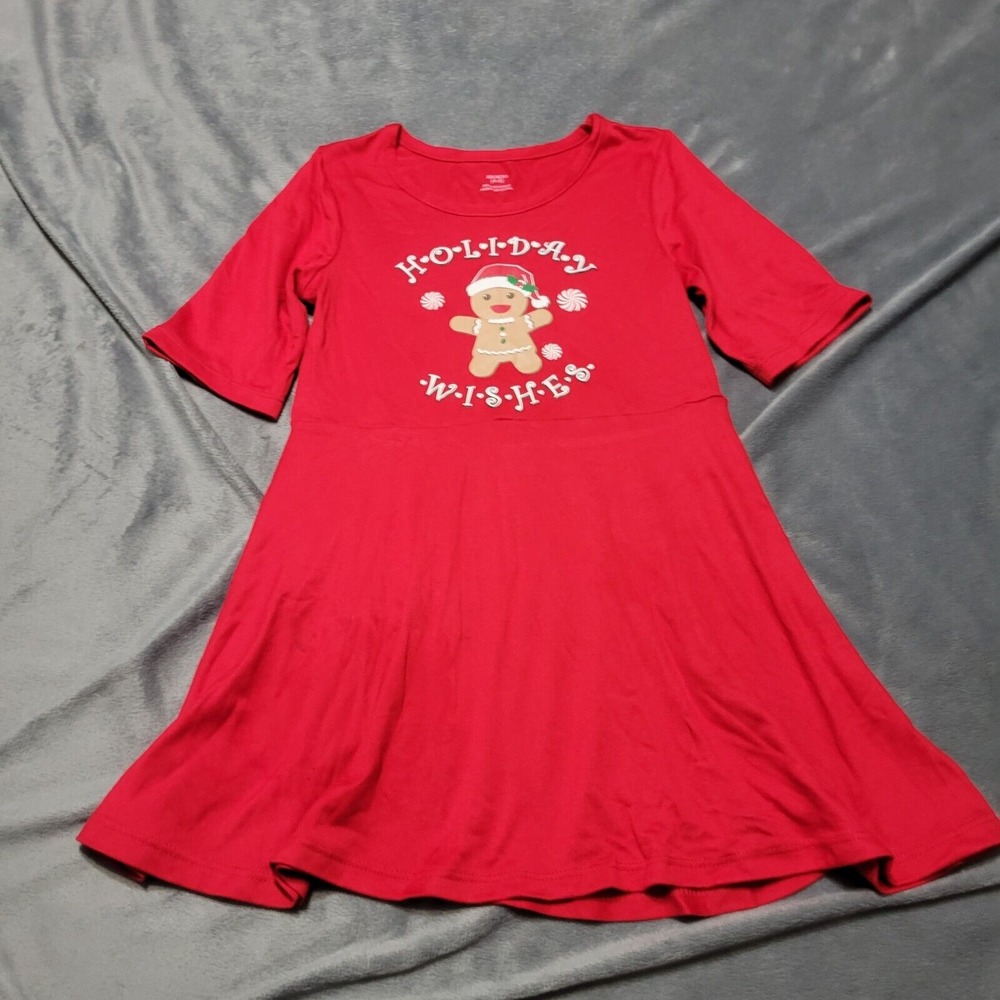 Christmas Dress Girls XS 4/5 Red Gingerbread Holiday Wishes A-Line Fit Flare Top